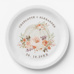 Delicate Fall Autumn Floral White Pumpkin Wedding Paper Plate