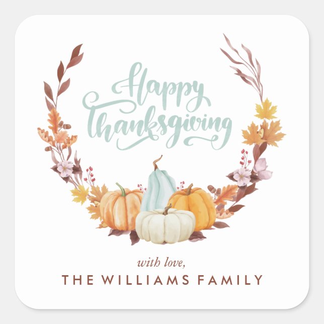 Delicate Fall Wreath Happy Thanksgiving Square Sticker (Front)