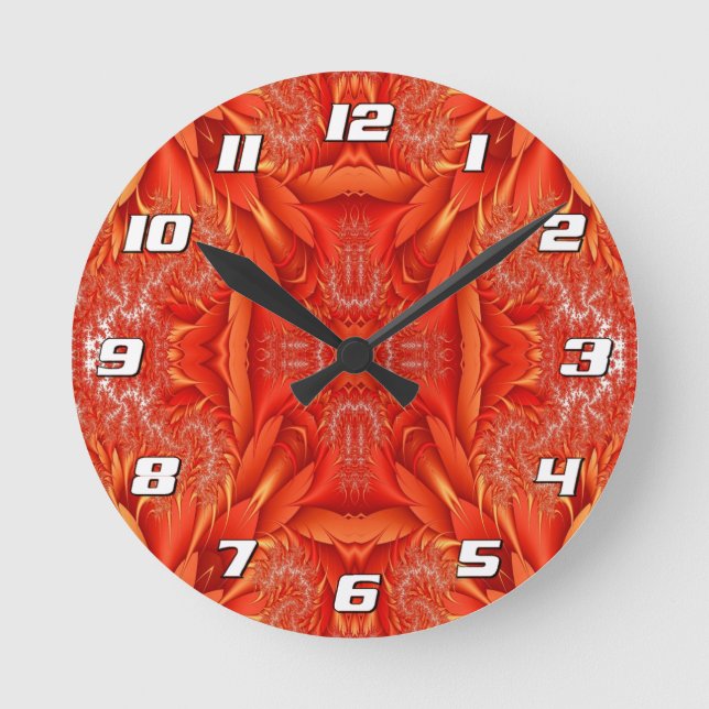 Delicate Feather Fractal Design - red with Numbers Round Clock (Front)