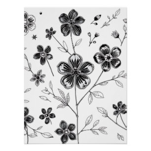 Delicate Fine Line Flowers and Leaves Poster