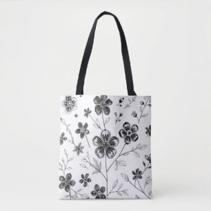 Delicate Fine Line Flowers and Leaves Tote Bag