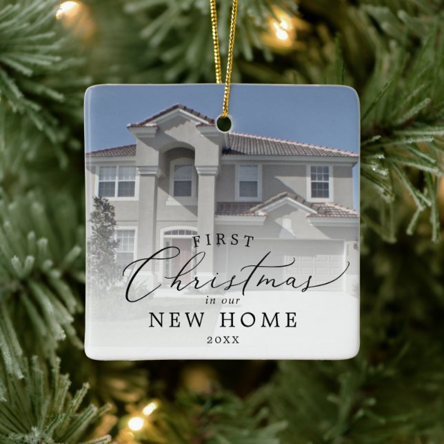 Delicate First Christmas In Our New Home Photo Ceramic Ornament (Tree)