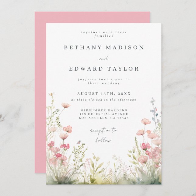 Delicate Floral All In One Wedding Invitation (Front/Back)