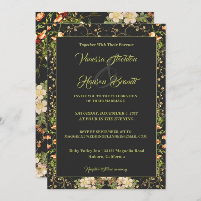 Delicate Floral and Gold Wedding Invitation (Front/Back)