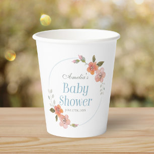 Delicate Floral Blue Baby Shower Paper Cups