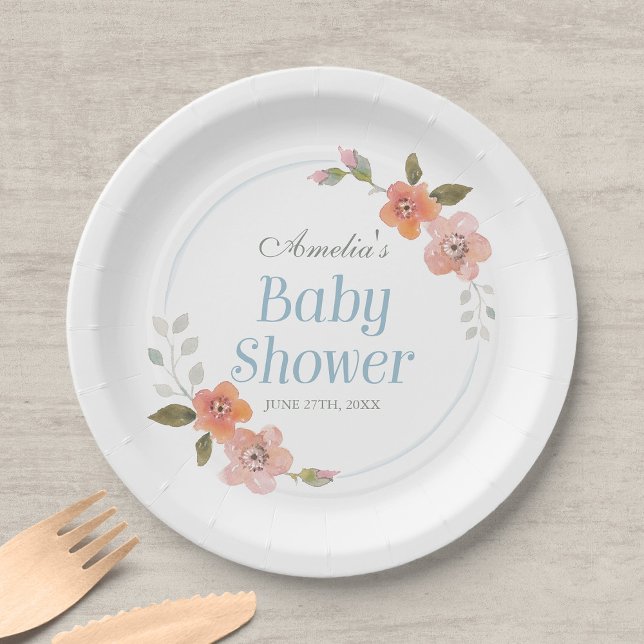 Delicate Floral Blue Baby Shower Paper Plate (Creator Uploaded)