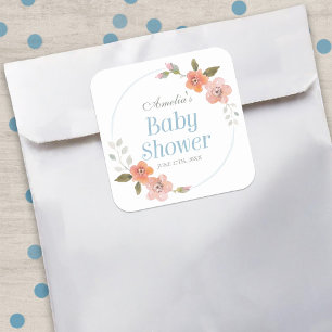 Delicate Floral Blue Baby Shower Square Sticker