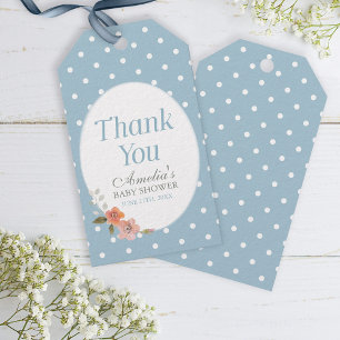 Delicate Floral Blue Polka Dot Thank You Gift Tags