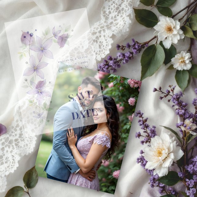 Delicate Floral & Botanical Branch Light Purple Vellum Invitations (Delicate Floral & Botanical Branch Light Purple Wedding Save the Date Overlay Vellum Cards.)