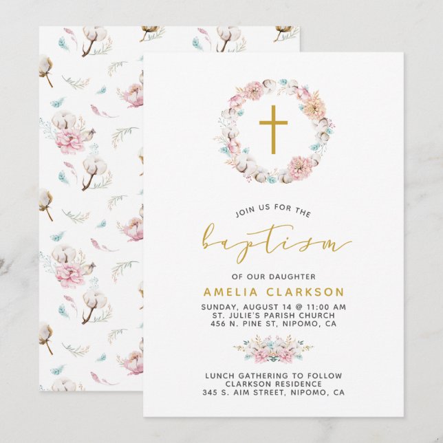 Delicate Floral & Cotton Baptism Invitation (Front/Back)