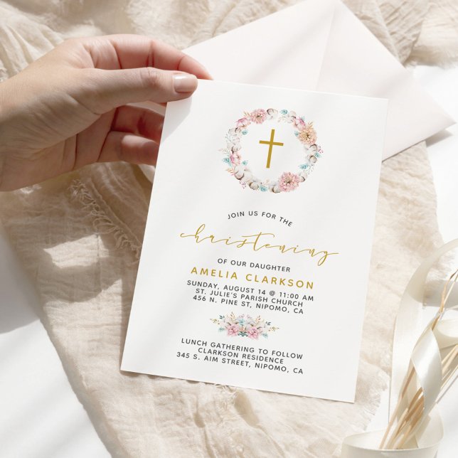 Delicate Floral & Cotton Christening Invitation (Creator Uploaded)