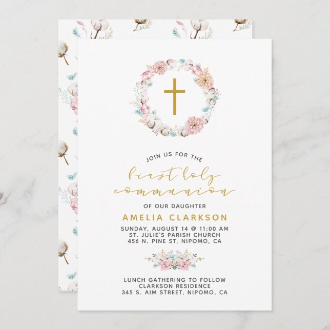Delicate Floral & Cotton First Communion Invitation (Front/Back)