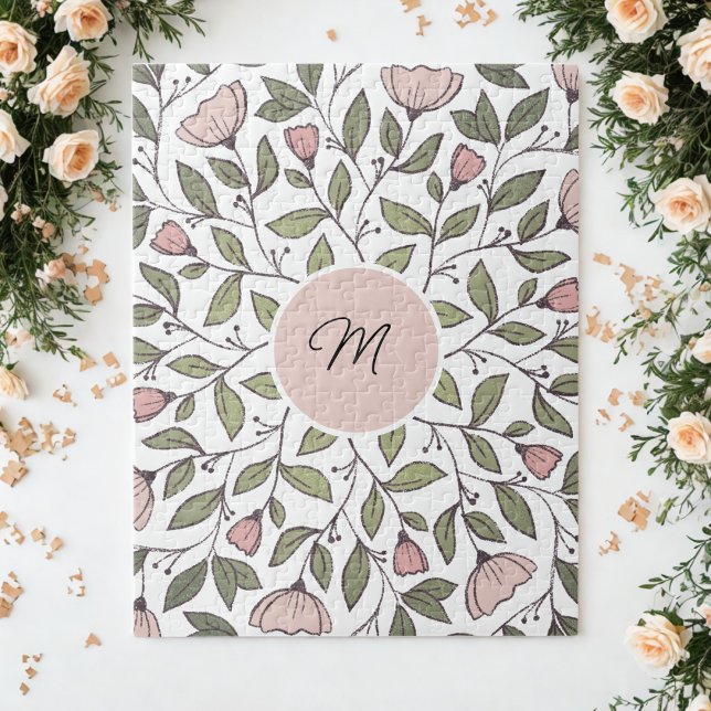Delicate Floral Custom Monogram  Jigsaw Puzzle (A pretty personalized puzzle—the perfect gift!)