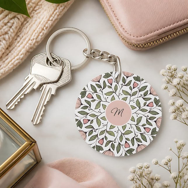 Delicate Floral Custom Monogram  Key Ring (Creator Uploaded)