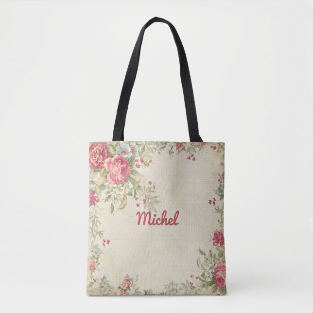 Delicate Floral Design Monogrammed Tote Bag (Front)