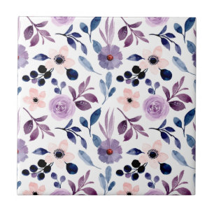 Delicate Floral Design with Navy Lavender Leaves Ceramic Tile