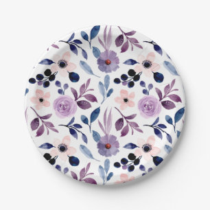 Delicate Floral Design with Navy Lavender Leaves Paper Plate