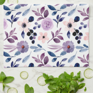 Delicate Floral Design with Navy Lavender Leaves Tea Towel