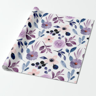 Delicate Floral Design with Navy Lavender Leaves Wrapping Paper