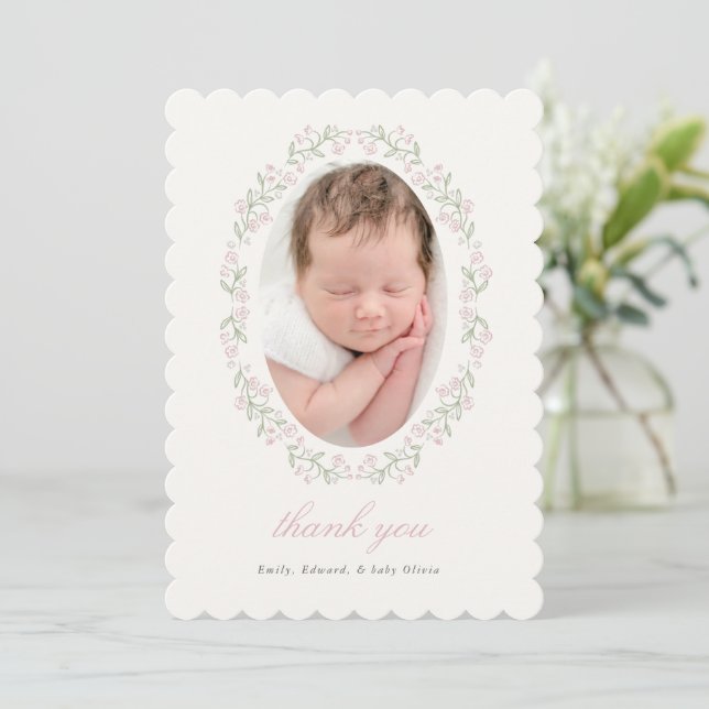 Delicate Floral Frame Baby Shower Photo Thank You Card (Standing Front)