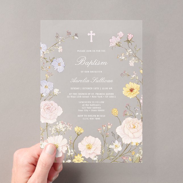 Delicate Floral Frame Baptism Acrylic Invitation (Insitu (Handheld))