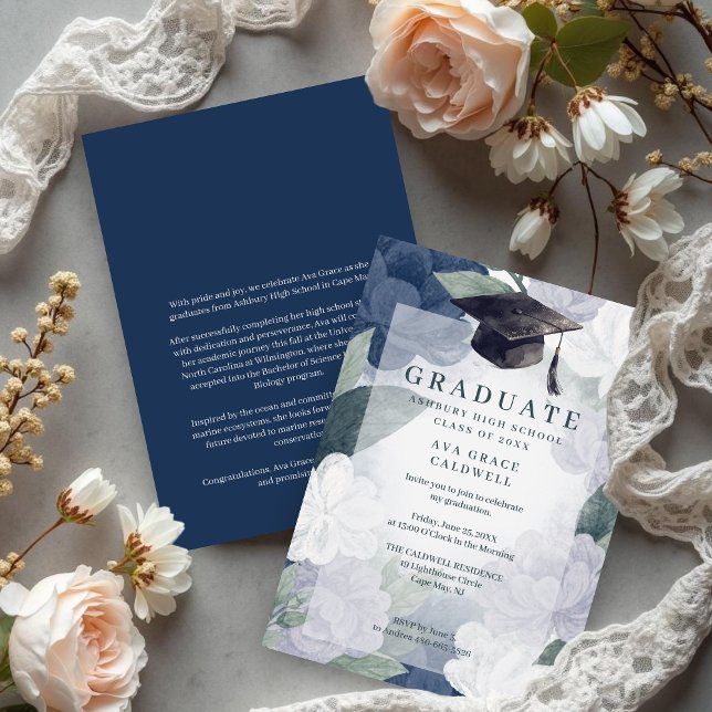 Delicate Floral Green and Blue Graduation Party Invitation (Delicate Floral Green and Blue Graduation Party Invitation Card Design.)