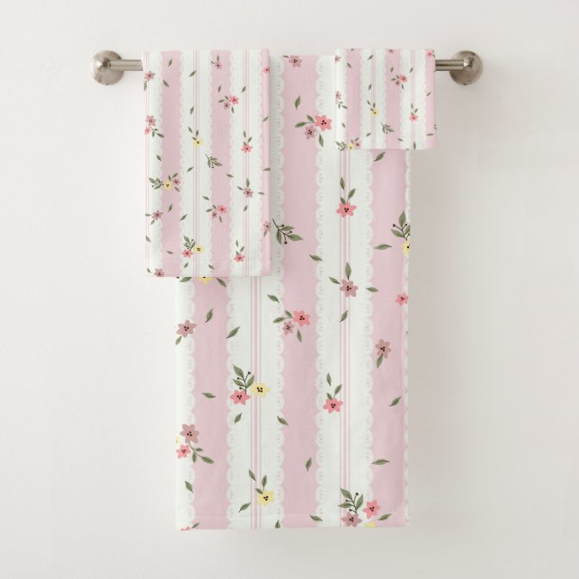 Delicate Floral Pattern Pink Bath Towel Set (Insitu)
