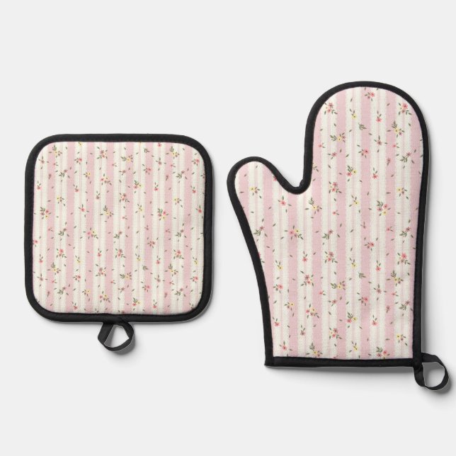 Delicate Floral Pattern Pink Mitt & Pot Holder Set (Front)