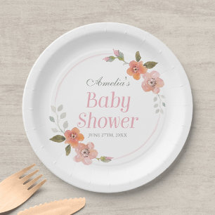 Delicate Floral Pink Baby Shower Paper Plate