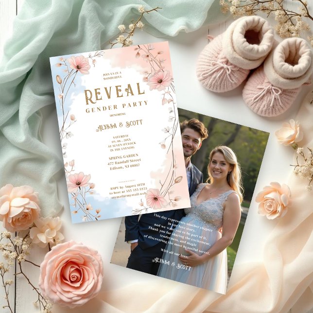 Delicate Floral Pink & Blue Shades Gender Reveal Invitation (Delicate Floral Garland in Pink and Blue Shades Gender Reveal Card with Back Photo.)
