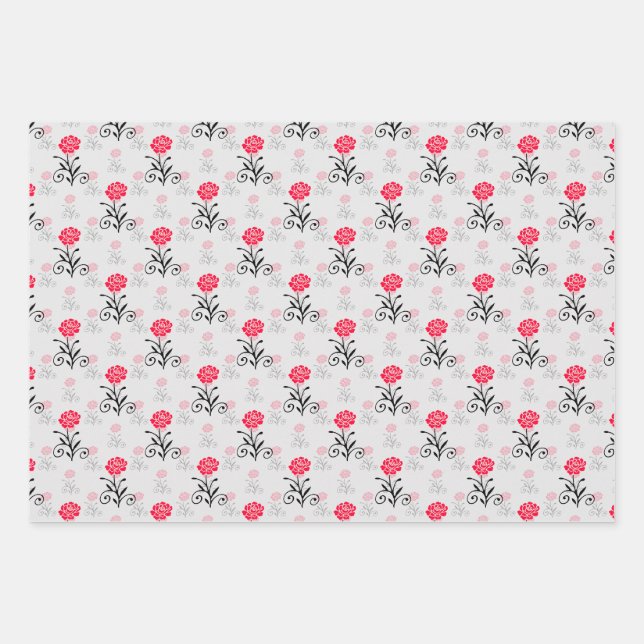 Delicate Floral Red Flower Pattern Wrapping Paper Sheet (Front)