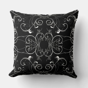 Delicate Floral Repeating Pattern in White on Blac Cushion