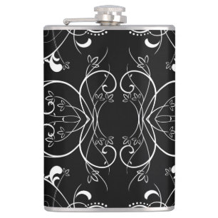 Delicate Floral Repeating Pattern in White on Blac Hip Flask