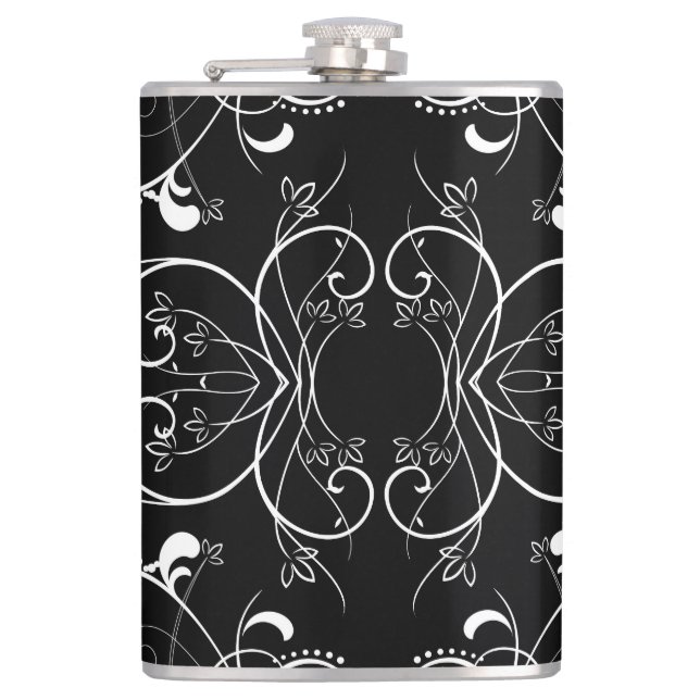 Delicate Floral Repeating Pattern in White on Blac Hip Flask (Front)