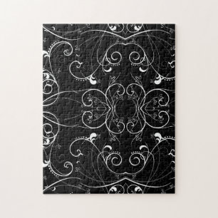 Delicate Floral Repeating Pattern in White on Blac Jigsaw Puzzle