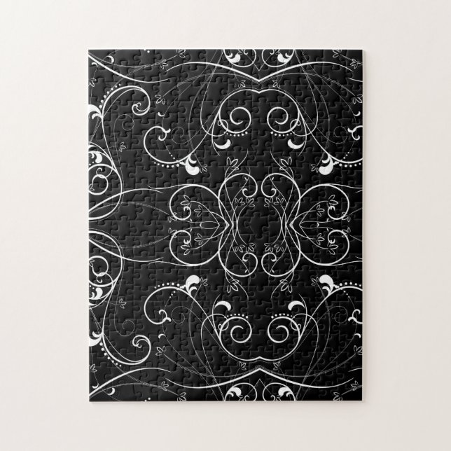 Delicate Floral Repeating Pattern in White on Blac Jigsaw Puzzle (Vertical)