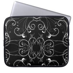 Delicate Floral Repeating Pattern in White on Blac Laptop Sleeve