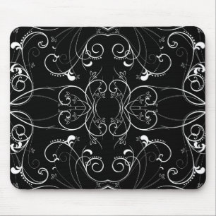 Delicate Floral Repeating Pattern in White on Blac Mouse Pad