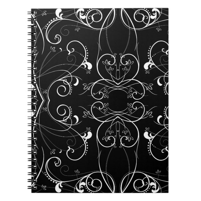 Delicate Floral Repeating Pattern in White on Blac Notebook (Front)