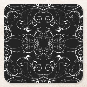 Delicate Floral Repeating Pattern in White on Blac Square Paper Coaster