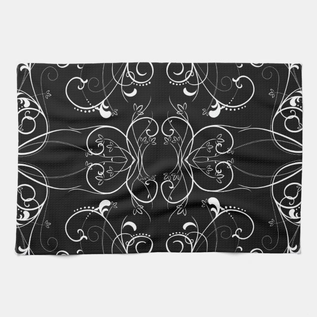 Delicate Floral Repeating Pattern in White on Blac Tea Towel (Horizontal)