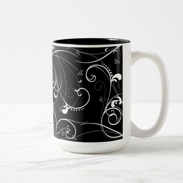 Delicate Floral Repeating Pattern in White on Blac Two-Tone Coffee Mug (Right)