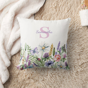 Delicate Floral Wildflower Butterfly Monogram Cushion