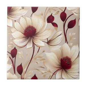 Delicate Floral With Burgundy Blooms Ceramic Tile