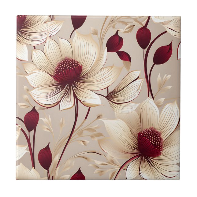 Delicate Floral With Burgundy Blooms Ceramic Tile (Front)