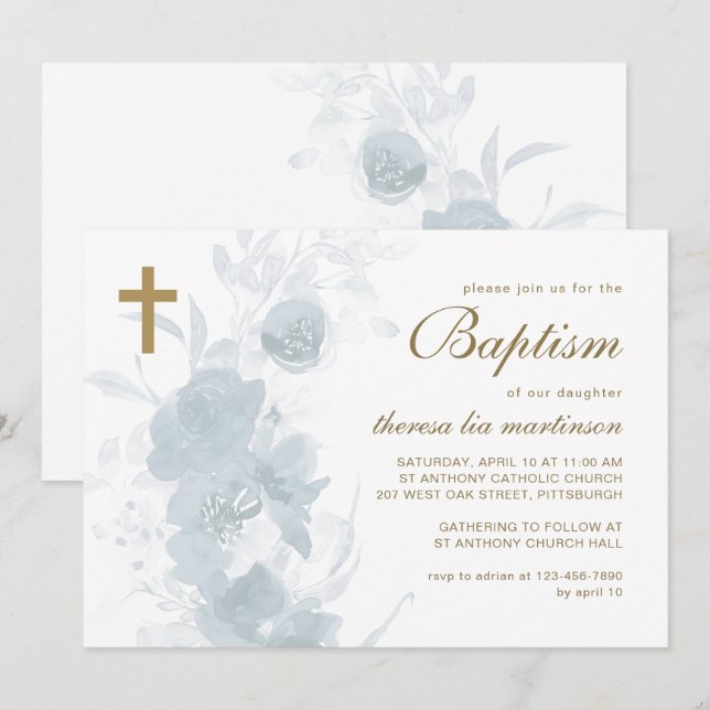 Delicate Floral with Cross Baptism Invitation (Front/Back)