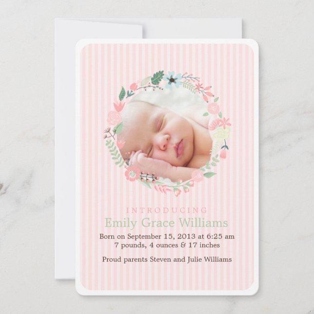 Delicate Floral Wreath Baby Birth Announcements (Front)