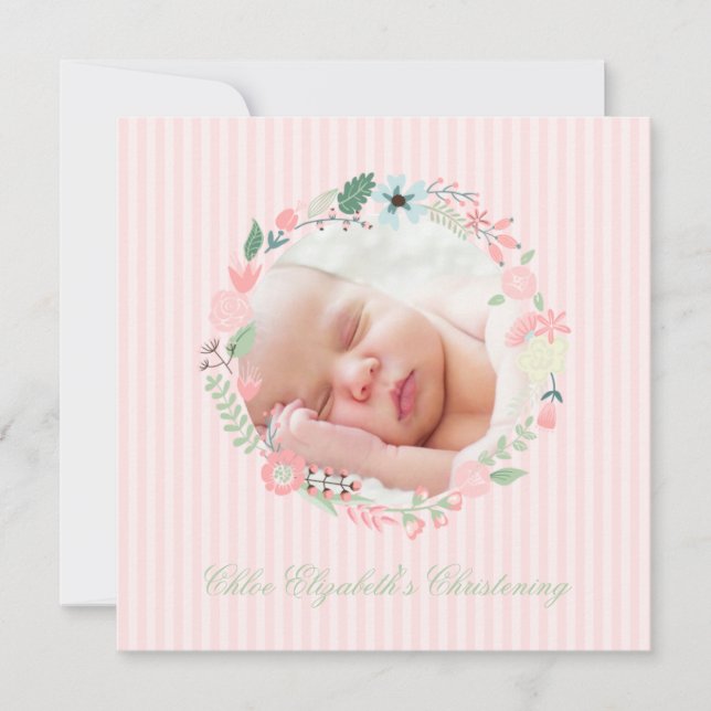 Delicate Floral Wreath Christening Invitation (Front)