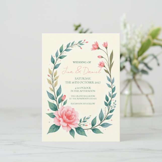 Delicate Floral Wreath Invitation (Standing Front)