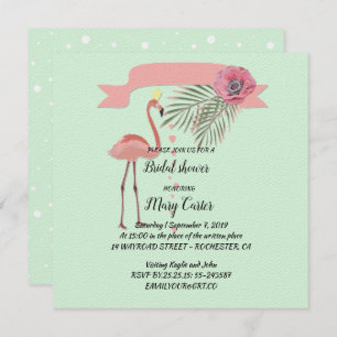 Delicate floral wreath,  pink  flamingos, invitation